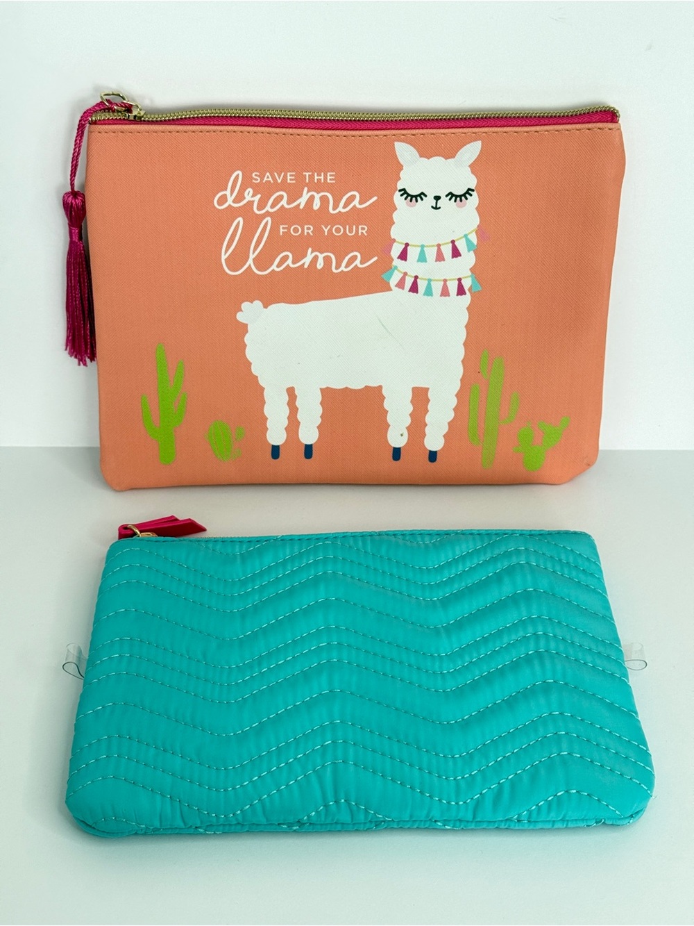 Save The Drama For Your Llama Coral Canvas & Teal Makeup Bags